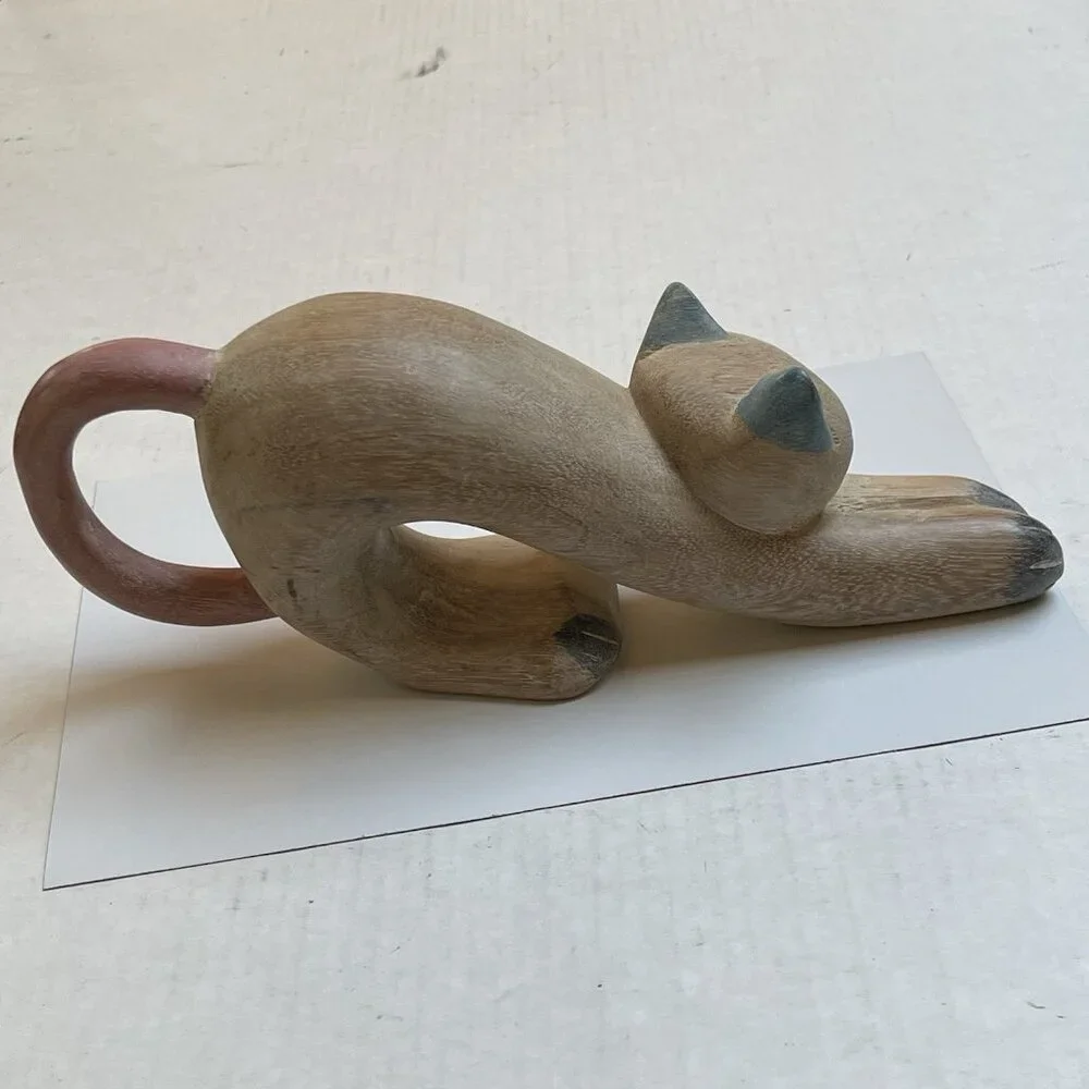 Hand Carved Wooden Stretching Cat Kitten Kitty Home Decor Multicolor Animal
